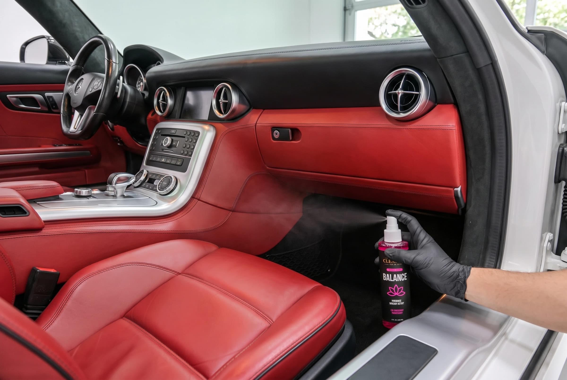 The original BALANCE finger pump spraying into the air beneath the glove compartment, above the passenger footwell