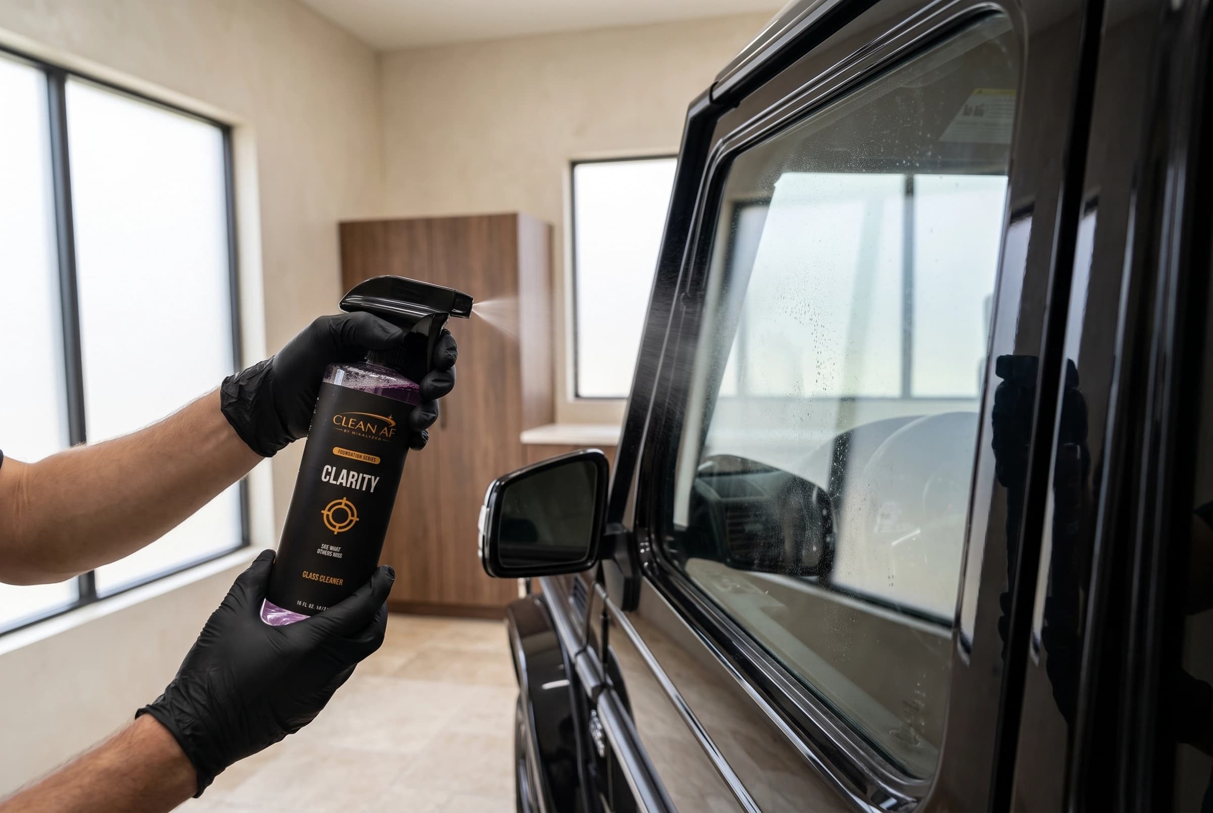 The original CLARITY black trigger spraying the black Mercedes G63 side glass