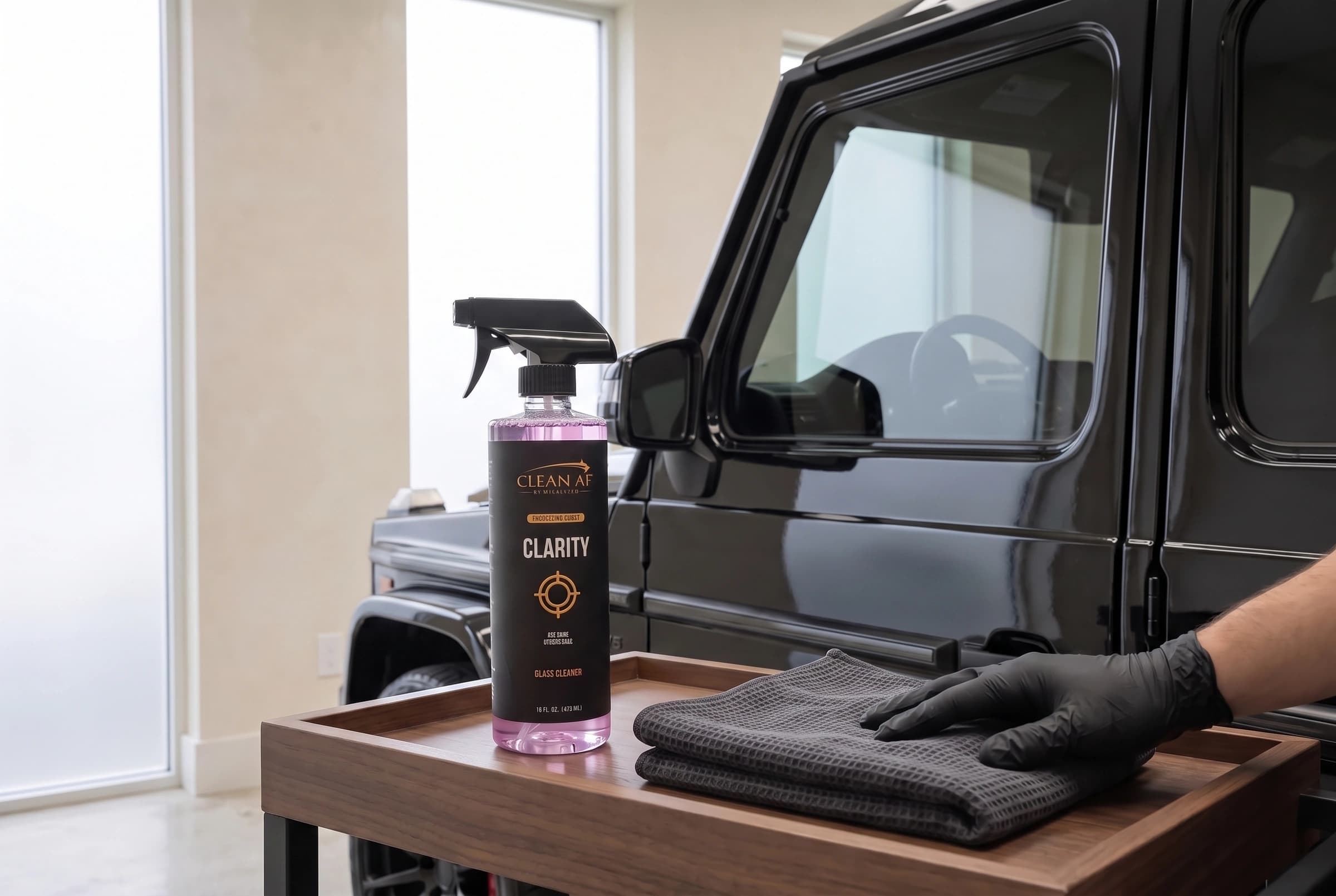 CLARITY with its black trigger beside the finished Mercedes G63 glass and a folded towel