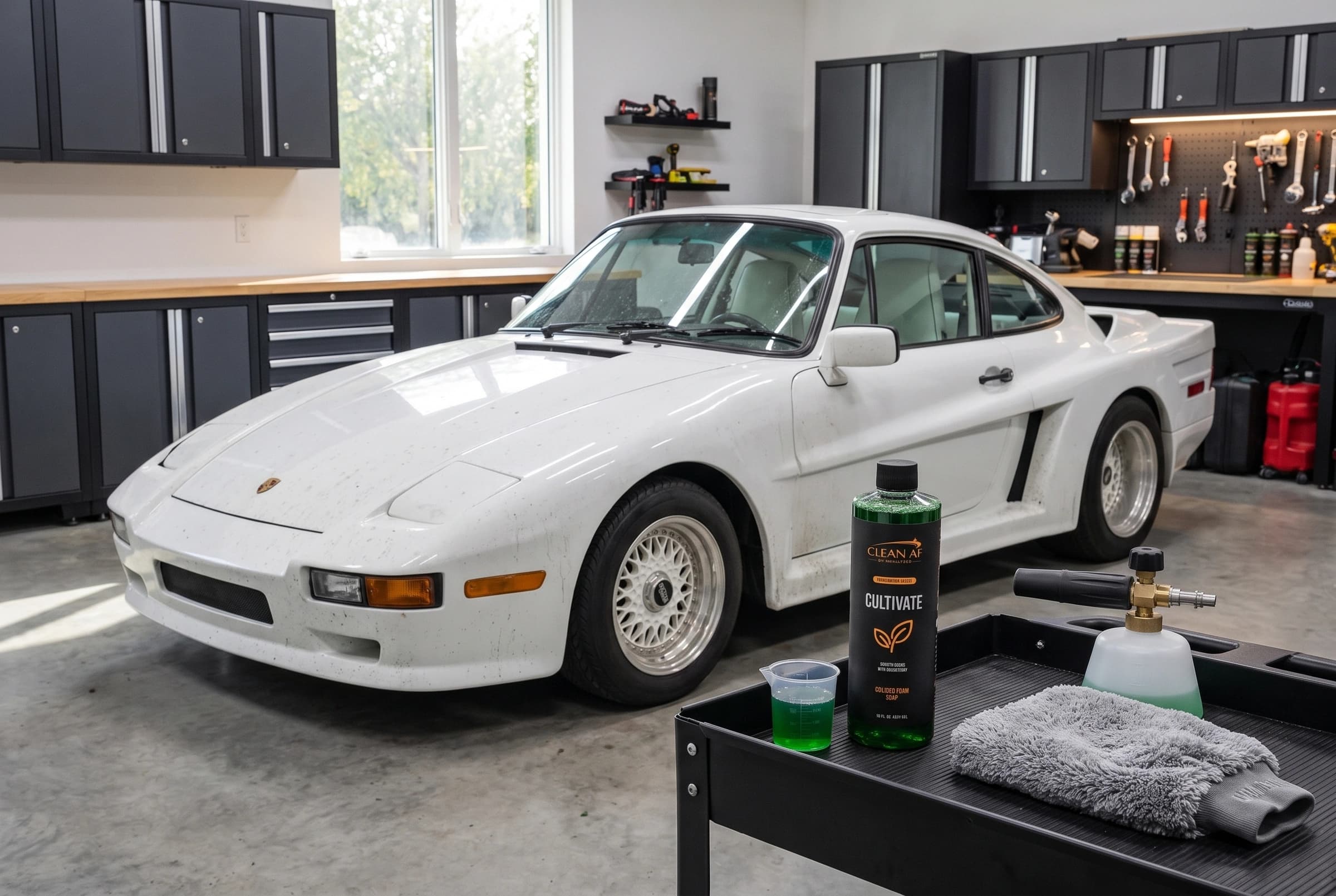 CULTIVATE and wash equipment beside the dirty white Porsche in a detailing garage