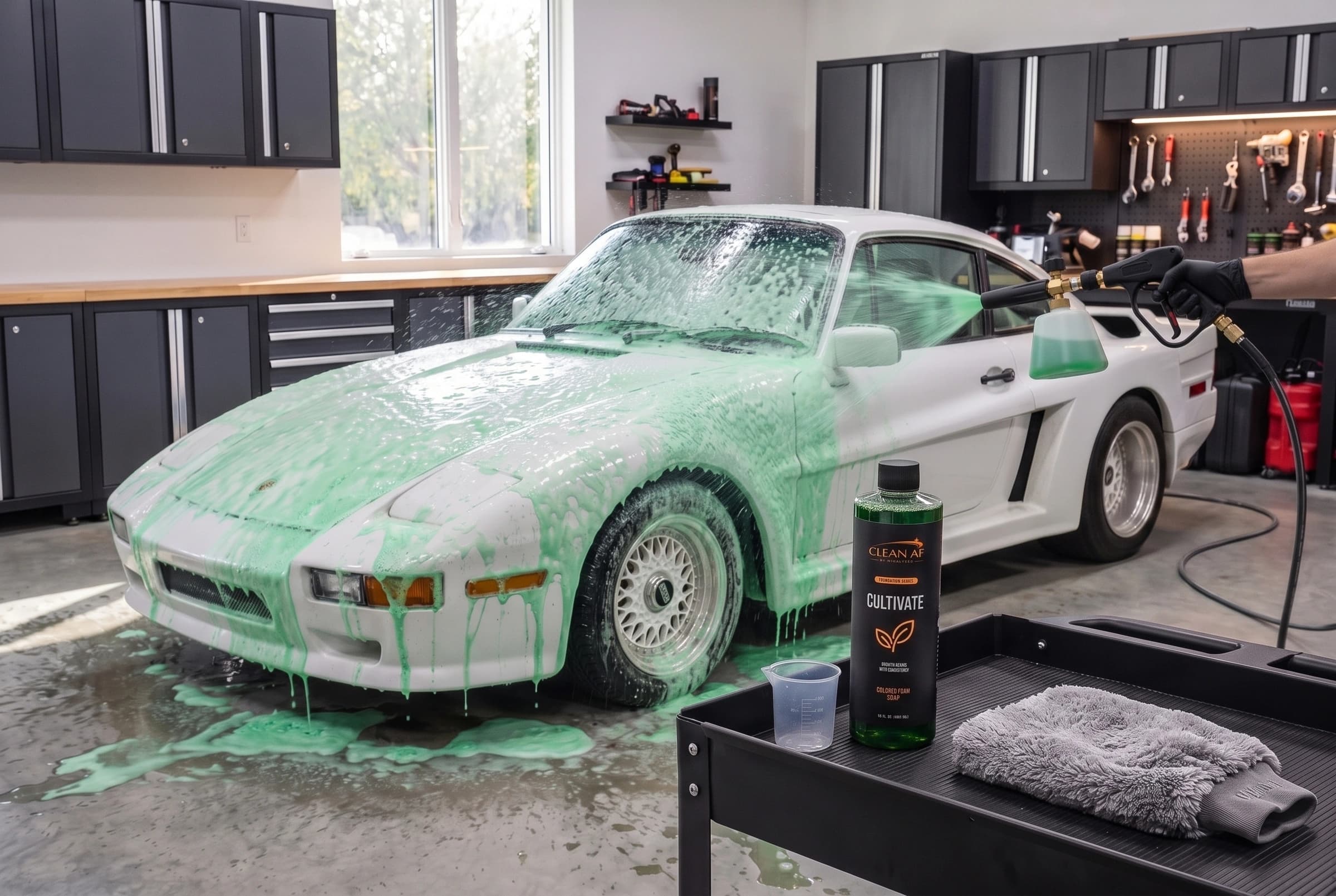 A foam cannon applying green foam to the wet white Porsche