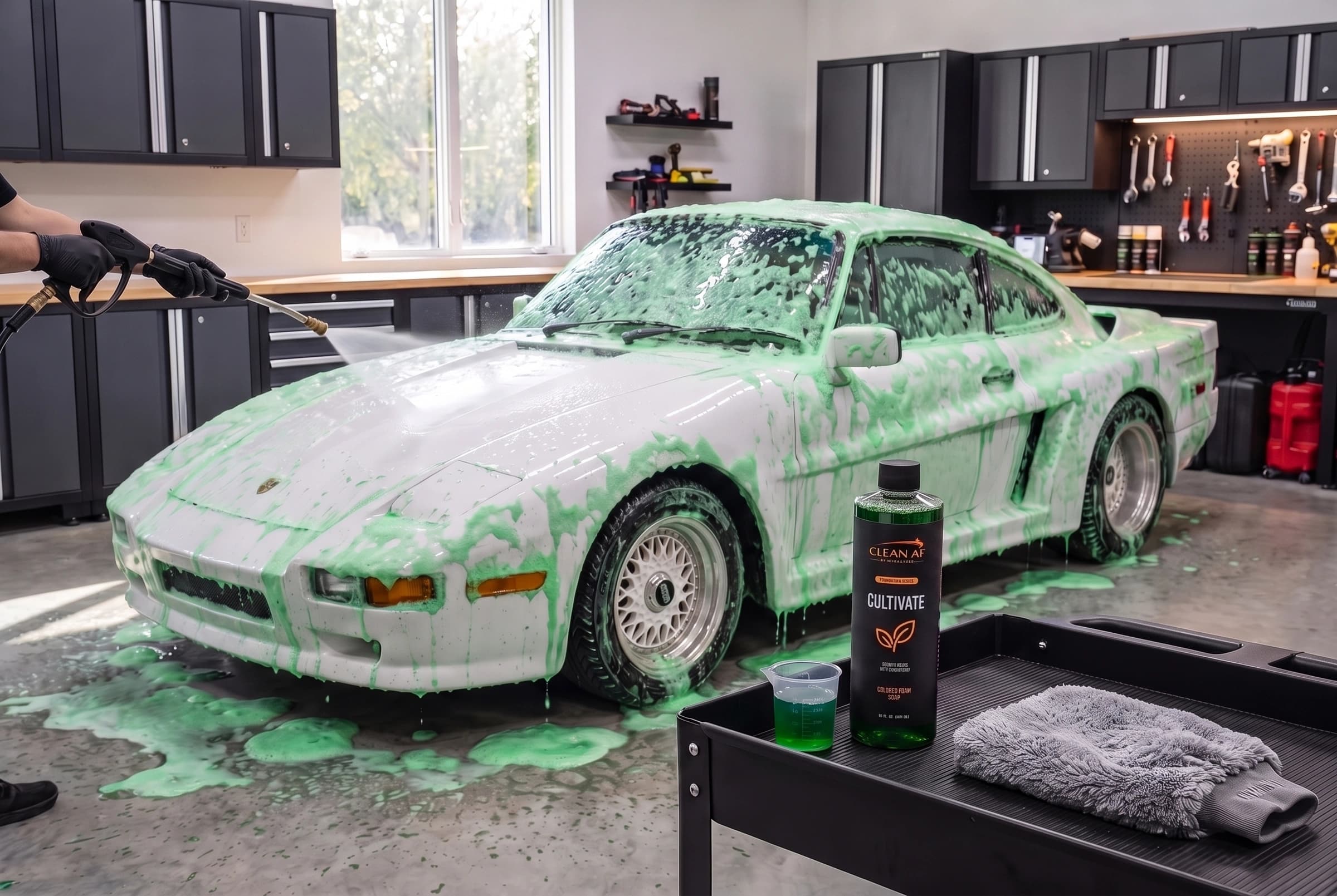 Clear water beginning to rinse green foam from the white Porsche