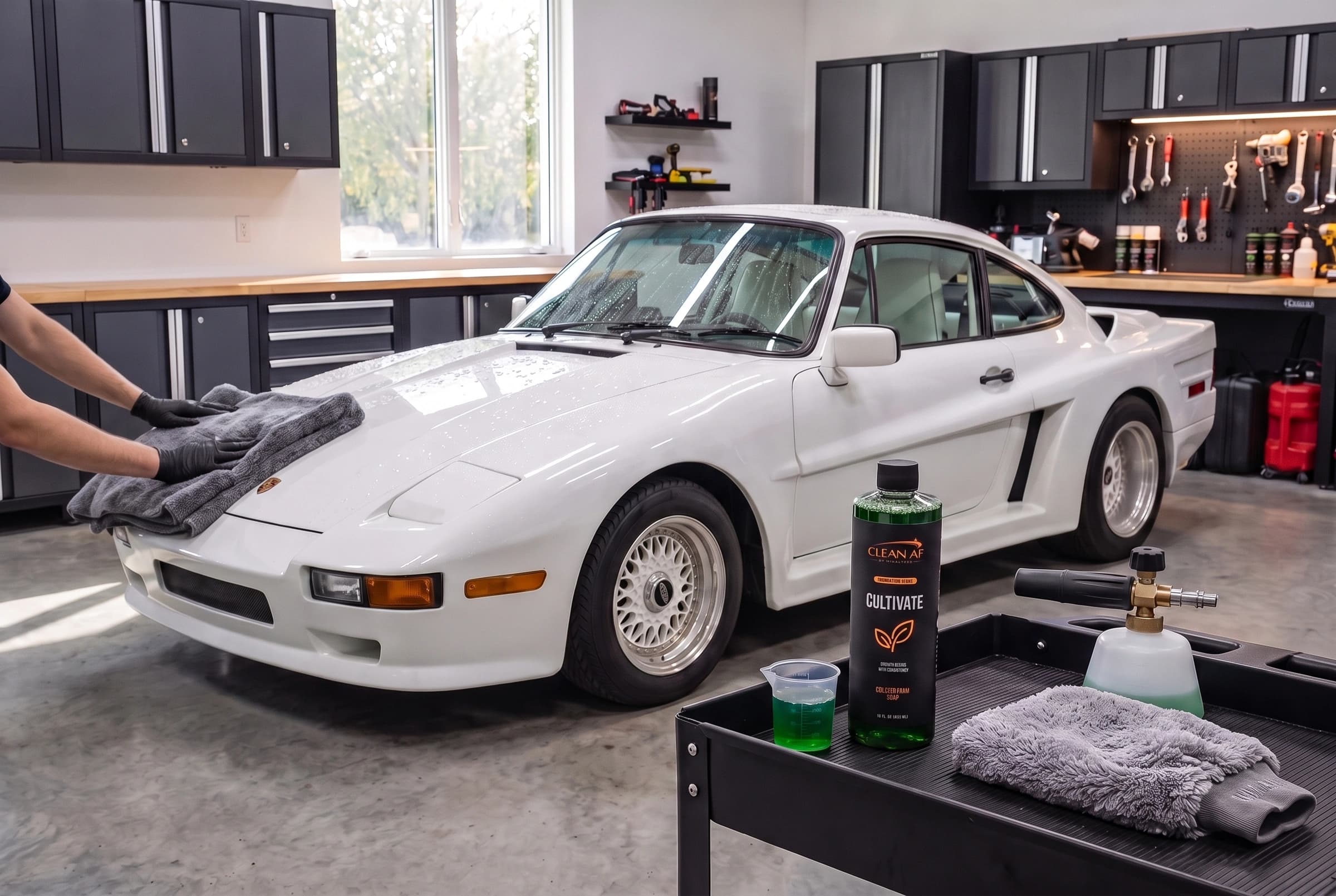 A plush microfiber towel drying the clean white Porsche hood