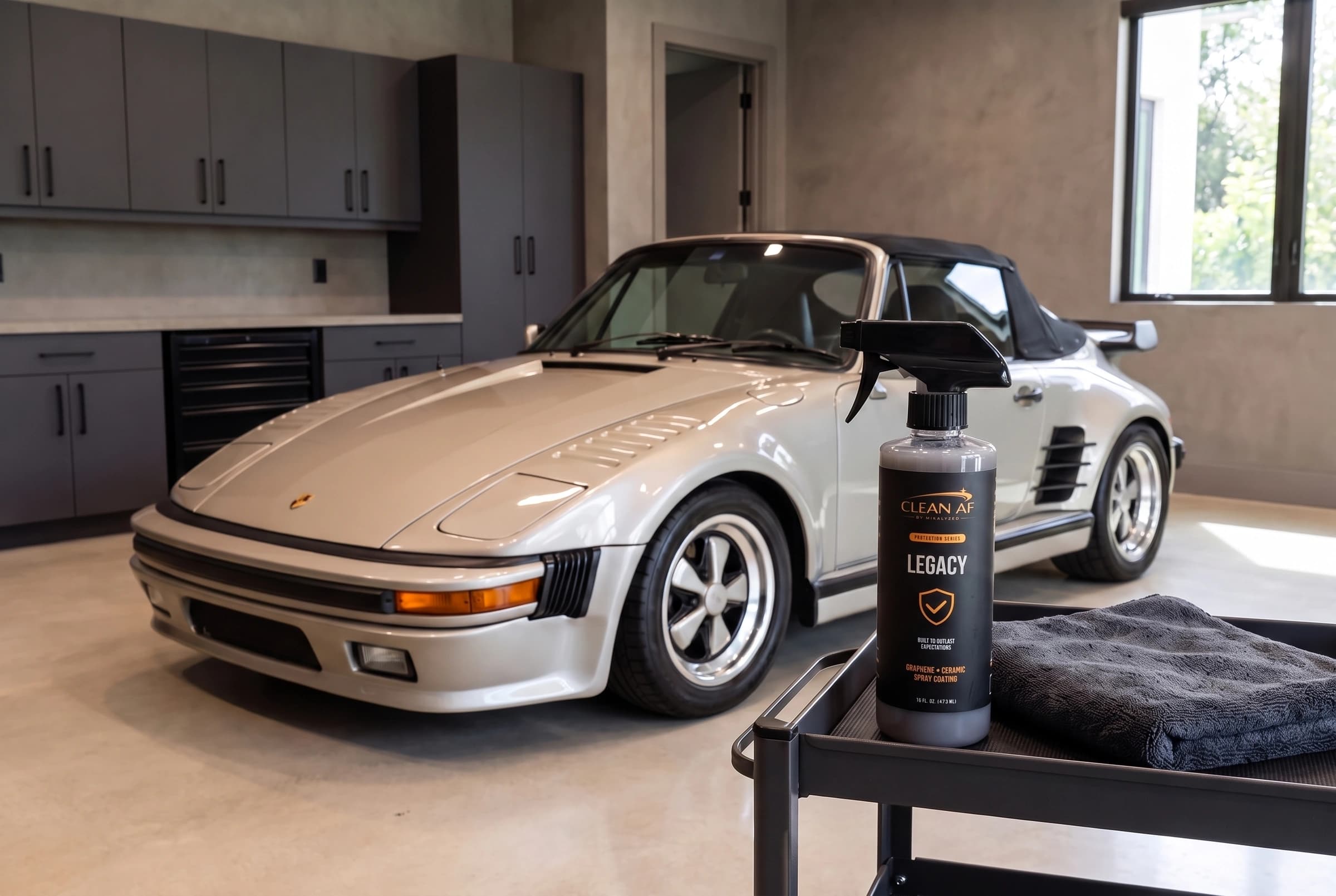 LEGACY in front of the finished custom Porsche slant-nose cabriolet with black Fuchs wheels