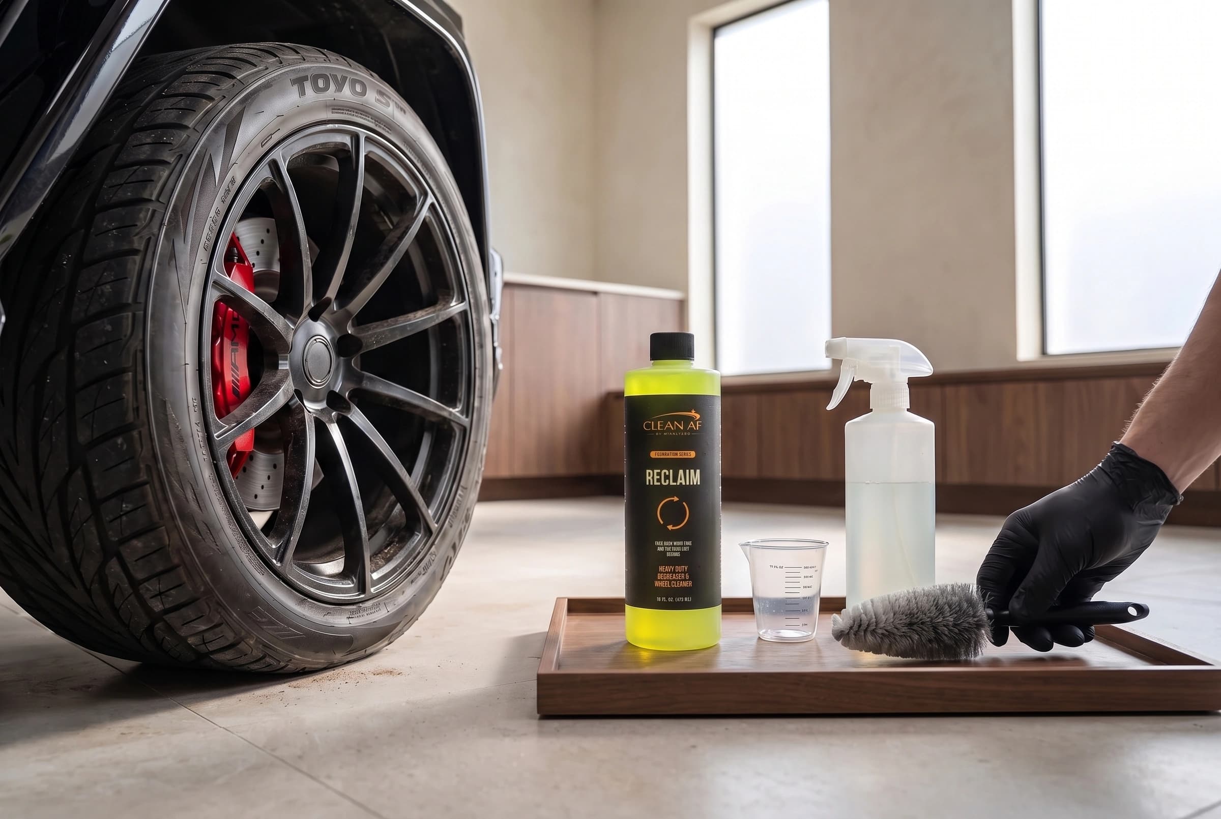 RECLAIM concentrate, measuring tools and water prepared for dilution beside the black Mercedes G63