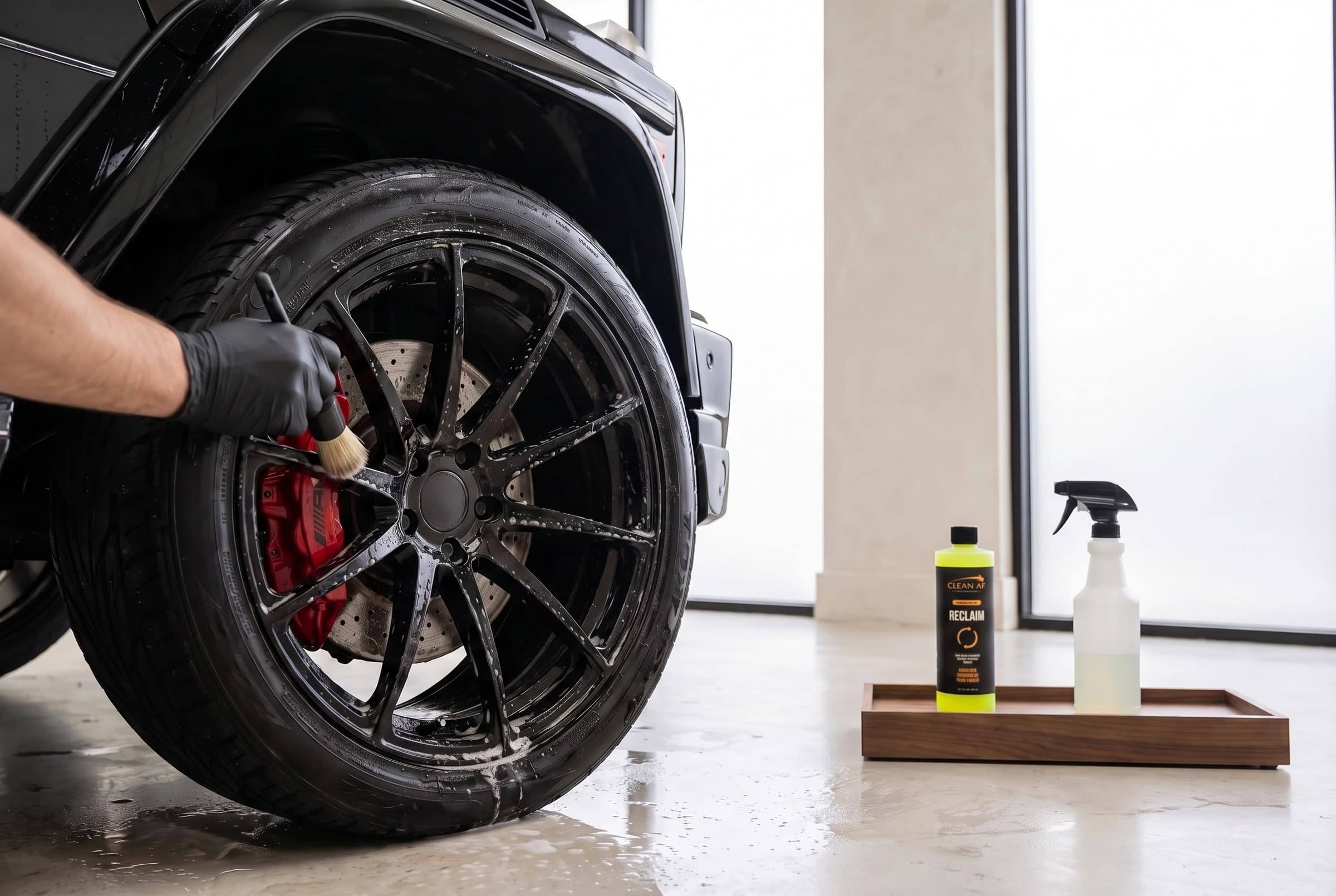 A detailing brush agitating diluted cleaner on the black Mercedes G63 wheel